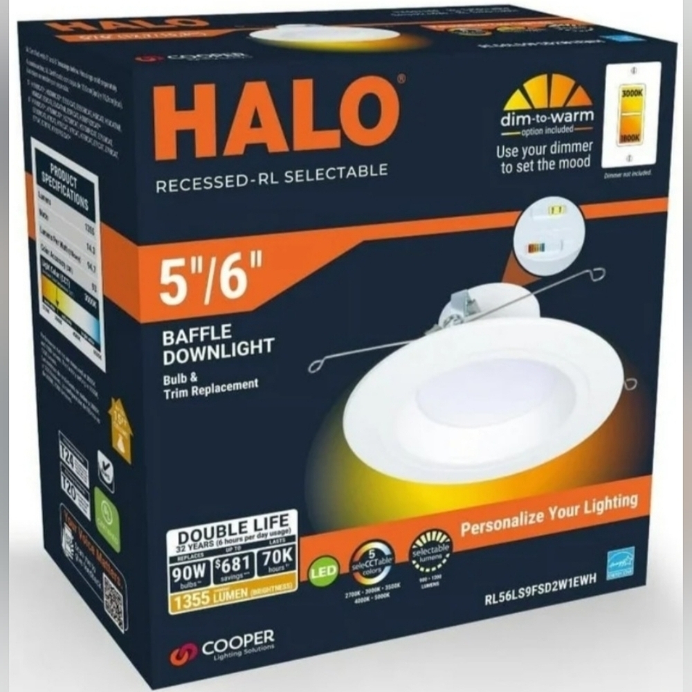 Halo Adjustable Baffle Downlight with Dim-to-Warm 5"/6" Bulb & Trim Replacement